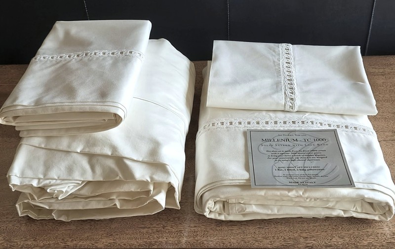LE TELERIE TOSCANE MILLENIUM KING 1000 TC SATEEN COTTON SHEET SET LACE EMBROIDER