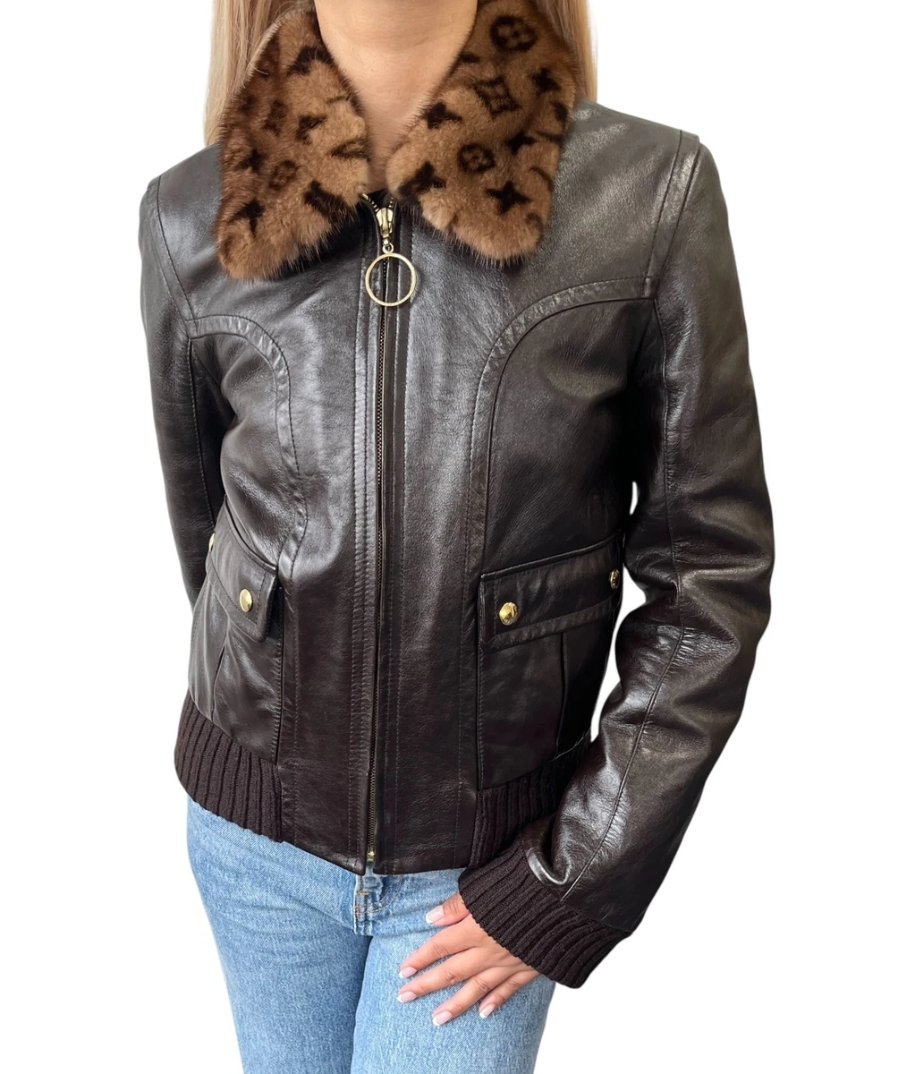 Louis Vuitton ダークブラウンレザージャケット LOUIS VUITTON Vintage LV Monogram Logo Fur Leather Jacket #36 Zip