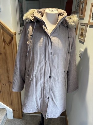 Jacques Vert Beige/Taupe Parka Style Hooded Quilted Coat Over-Size Small Fur