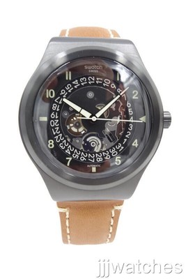 New Swiss Swatch SISTEM THOUGHT Brown Leather Automatic Watch 42mm YIB402 $270