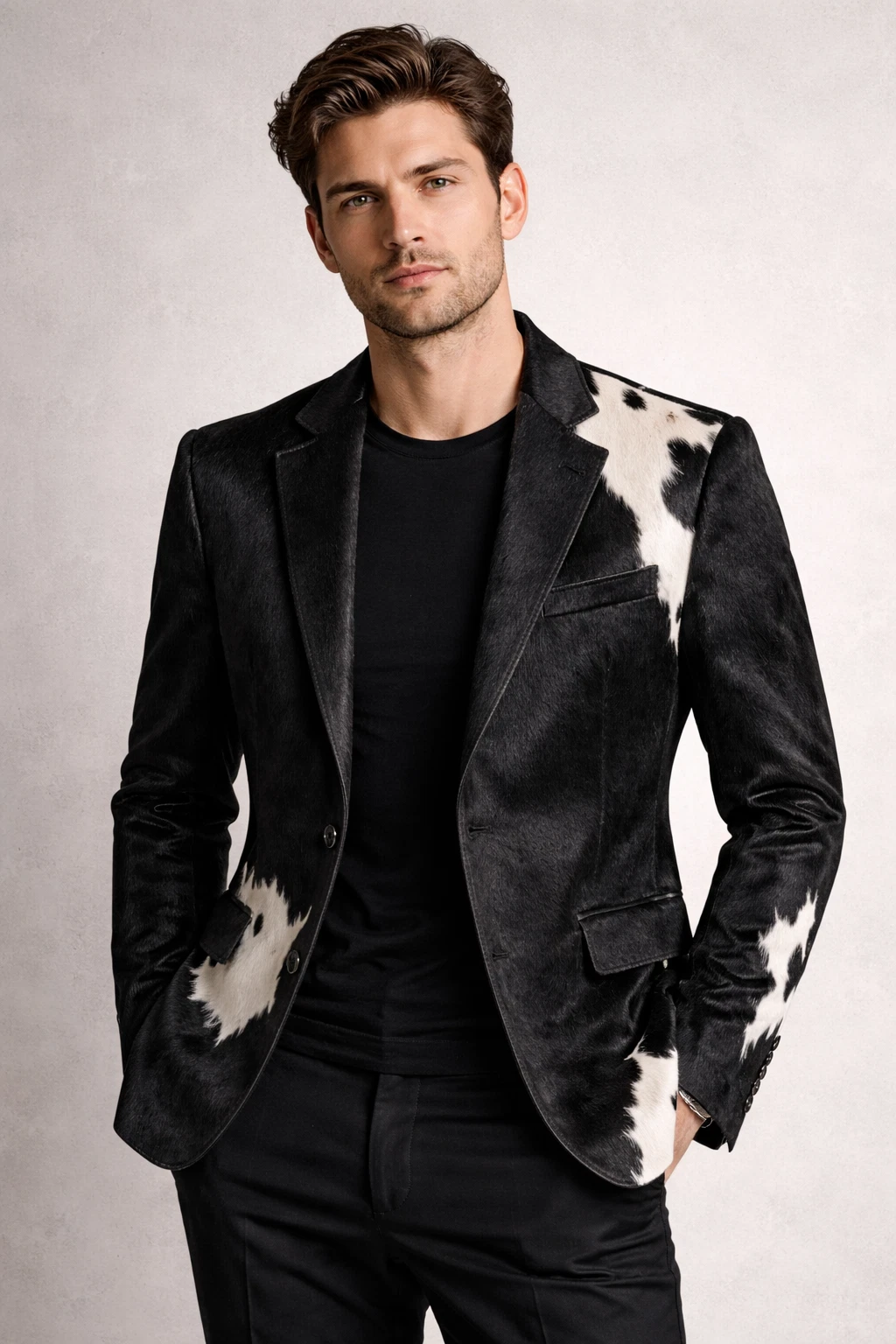 Men’s Cowhide Leather Blazer - Black Western Cow Hair-On Hide Jacket Slim Fit