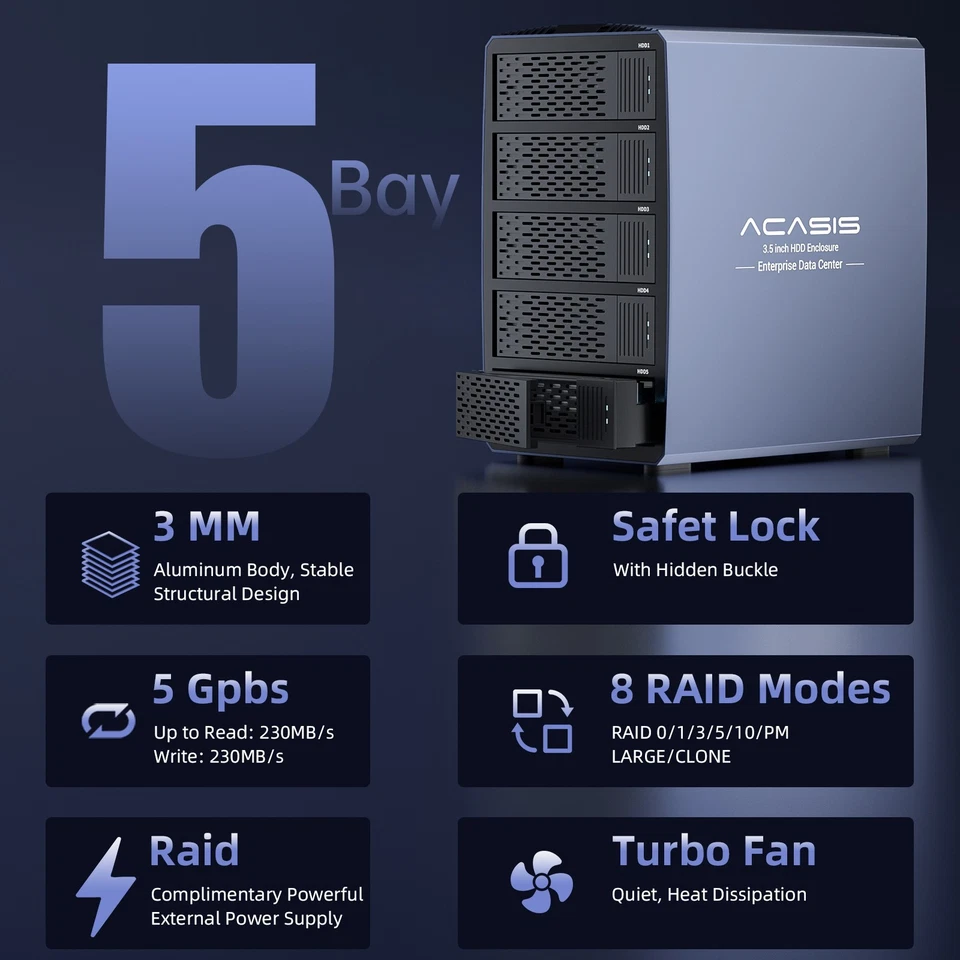 ACASIS 2.5/3.5" 5 Bay SATA USB 3.0 Hard Drive Disk HDD SSD Enclosure 8 RAID Mode - Image 2 of 4