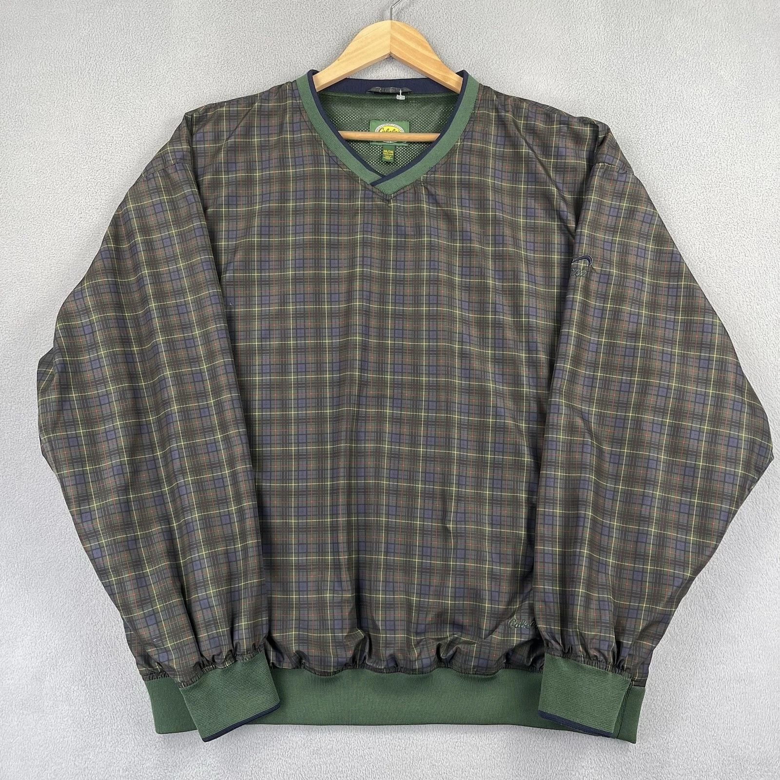 Cabelas Jacket Mens 2XL Green Windbreaker Plaid Golf Wicking Pullover Pockets