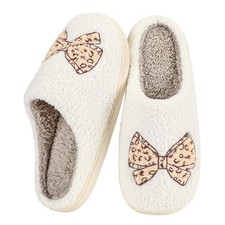 Women's House Slippers Cute Bow Indoor Men's Memory Foam Fur Shoes 6.5-7 Brown