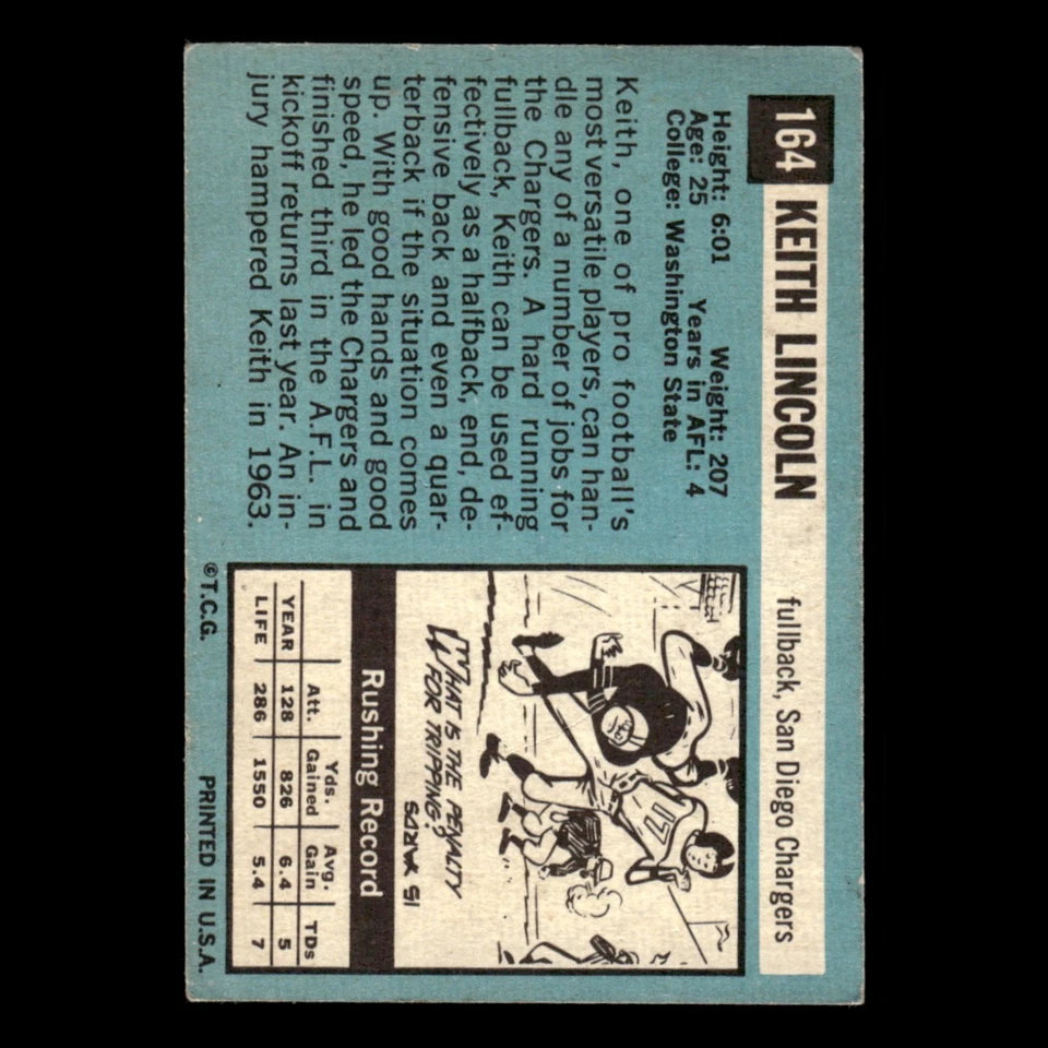 Keith Lincoln #164 1964 Topps San Diego Chargers Football Card NFL VG - Image 2 of 3