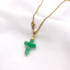 Genuine Green Jade Cross Pendant Necklace, Gold Plated, White Gold Plated, Lucky