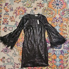 Warehouse  Black Sequin Mini Dress with feather trim Nwt Uk Size 8