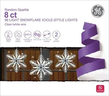 GE 8ct White Snowflake Icicle-Style Lights Random Sparkle Effect –96 Lights-New