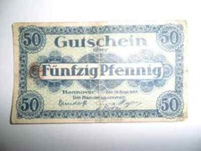 ANTIQUE 50 PFENNIG BANKNOTE HANOVER GERMANY 1918 SPL