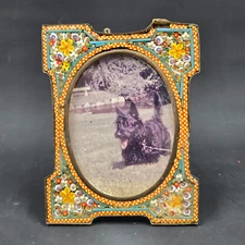 Antique Floral Italian Micro Mosaic Table Top Picture Frame, 3 1/8 inches