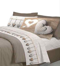COMPLETO LENZUOLA FLANELLA CUORI TIROLESE BEIGE PENSIERI DELICATI MATRIMONIALE