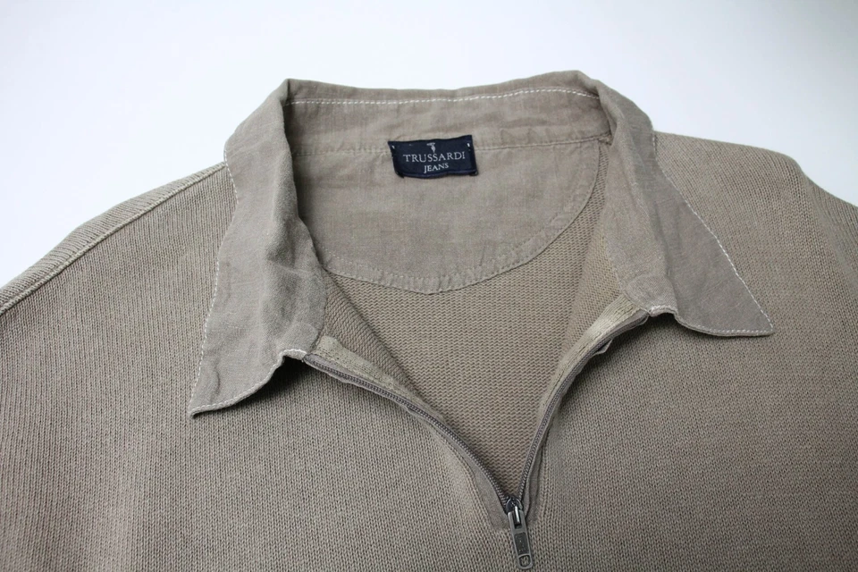 TRUSSARDI джинсы джемпер мужчин XL коричневый воротник логотип 1/4 молнии длинным рукавом - Изображение 4 из 4
