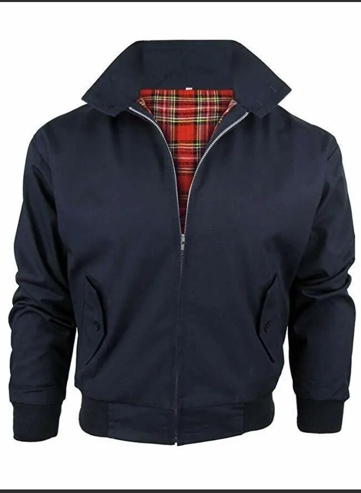 Men's Blue Harrington Jacket Classic Zip Retro Bomber MOD 70's Vintage