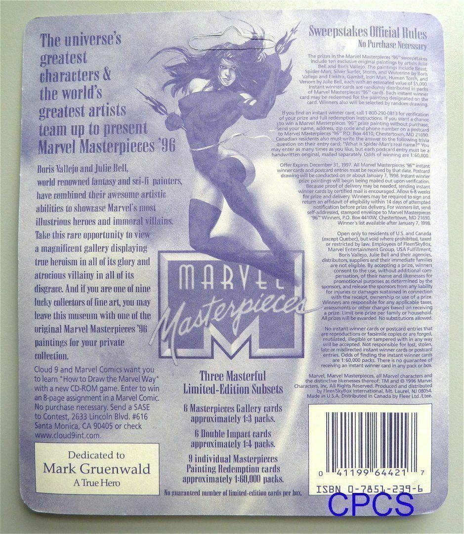 RARE 1996 MARVEL MASTERPIECES - EMPTY BLISTER PACK + ORIGINAL