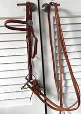 TORY LEATHER MEDIUM OIL BRIDLE W/5" COPPER SNAFFLE BIT & REINS HORSE HEAD CONCHO