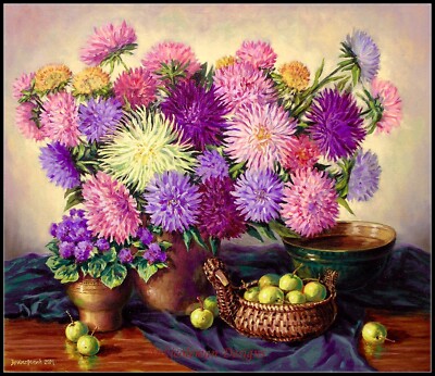 Asters and Chinese Apples - Counted Cross Stitch Patterns - Color & BW Symbols