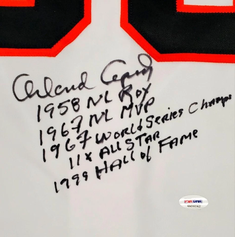 Camiseta deportiva Orlando Cepeda firmada con autógrafo Giants Stat con 5 inscripciones ~ PSA/DNA Foto 2 de 4