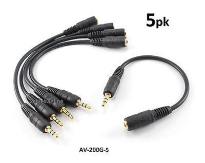 5-PACK 8'' Gold-Plated 3.5mm TRS Stereo Audio Male to Female Extension Cable