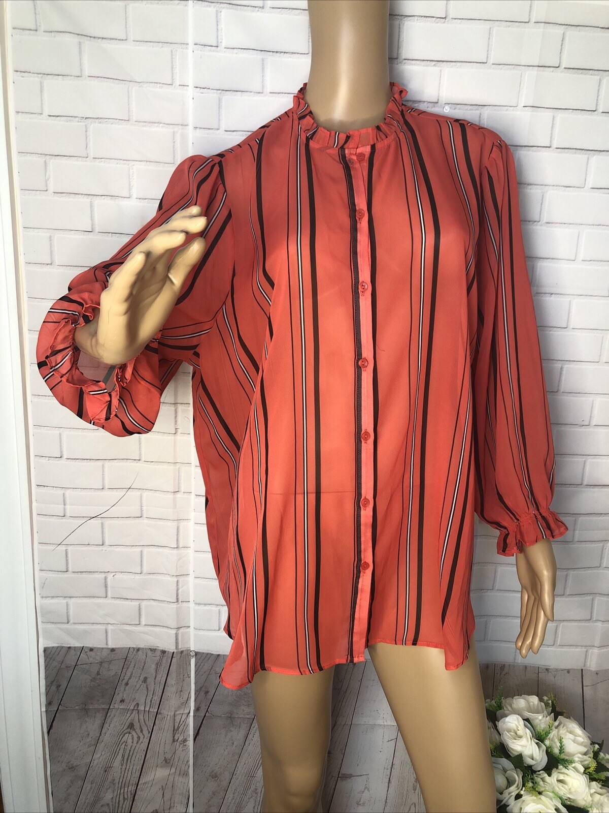 EST 1949 RED STRIPE 3/4 SLEEVE BUTTON FRONT CASUAL LOOSE BLOUSE TOP 18/20 W-image