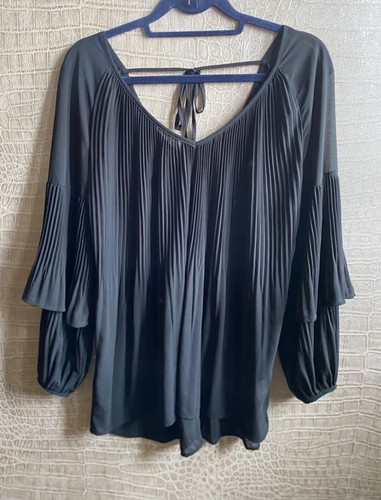 River island blouse swing pleated plisse long sleeve frill chiffon black uk 12 - Picture 10 of 24