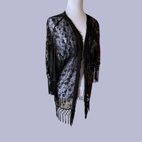 Black Sheer Floral Coverup Kimono Robe with Fringe by Monteau Size S