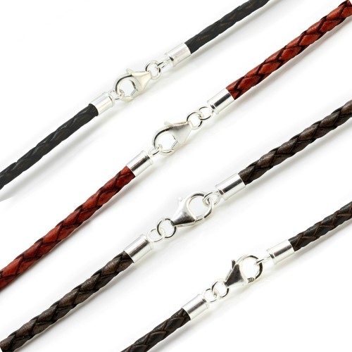 Mens Leather Necklace-925 Sterling Silver Clasp-3mm Braided Cord Man Necklace