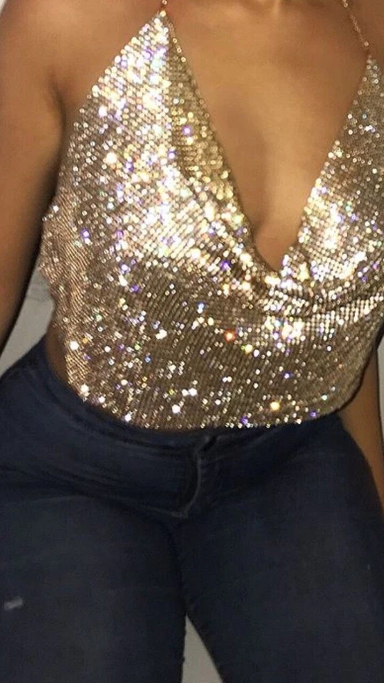 Sexy Top Dorado Hecho a Mano, Estilo Kendall Diseño Lux, Brillante Top Disco Con Gargantilla Foto 4 de 4