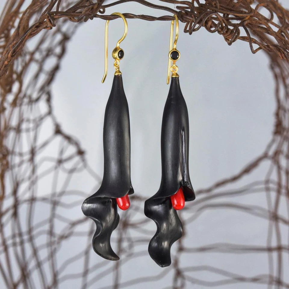 Flower Earrings Black Horn Red Coral Spinel Gold Vermeil Sterling Silver 8.07g - Image 2 of 4