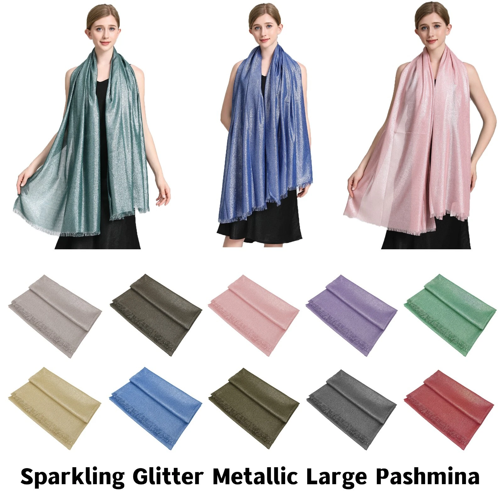 Womens Pashmina Silky Sparkling Glitter Metallic Large Shawl Wrap Wedding Scarf - Picture 1 of 46