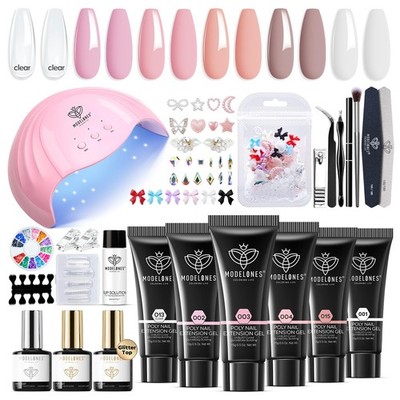 Modelones Poly Nail Gel Kit w/48W UV/LED Lamp, 6 Colors, Charms