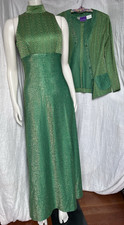 Vintage 1970s Maxi Dress & Jacket Set Green Gold Shimmer 60s Mod Glam Evening 5