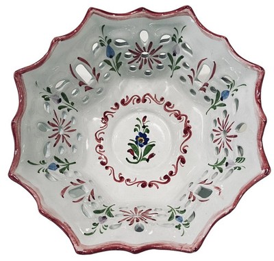 Vtg Portugal Hand Painted Porcelain Floral Basket Bowl Cottagecore Decor