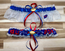 Handmade NFL Buffalo Bills White Organza Royal Blue Satin, Wedding Garters Set.