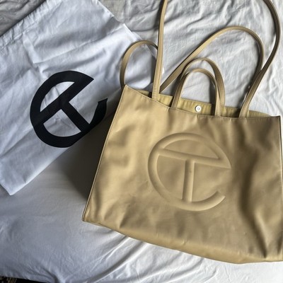 Telfar Beige Tote Bag Logo Accent Double Handles Shoulder Strap Designer