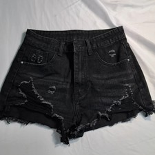 SHEIN Womens Distressed Black Denim Shorts S 36 High Rise Frayed Hem Ripped