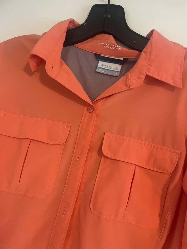 Columbia женщин персиковый оранжевый длинным рукавом на пуговицах логотип рубашка M верхняя блузка - Изображение 3 из 4
