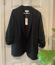 M S Women  s Black Blazer Size 16 U.S. size 12 3/4 Ruched Sleeves