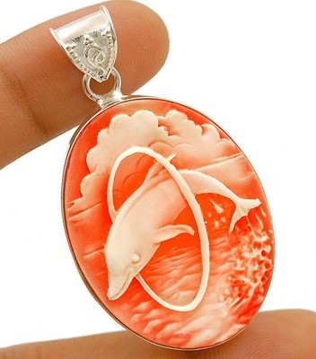 Italienische Kamee Delfin 925 Sterling Silber Anhänger Schmuck @B20-7