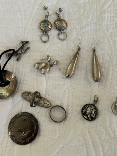Native American Sterling Silver Earrings Pins Ring Lot of 10 Southwest Authentic