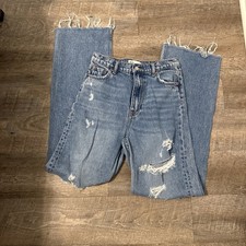 ZARA Size 4 Distressed Raw Hem Straight Leg Jeans Light Wash Blue Cotton