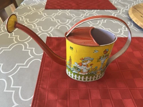 Vintage J Chein  Watering Can Lithographed Tin  & Co  Child in the Garden