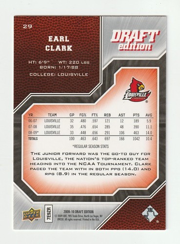 2009-10 Upper Deck Draft Edition #29 Earl Clark RC, Louisville Cardinals - Picture 2 of 2