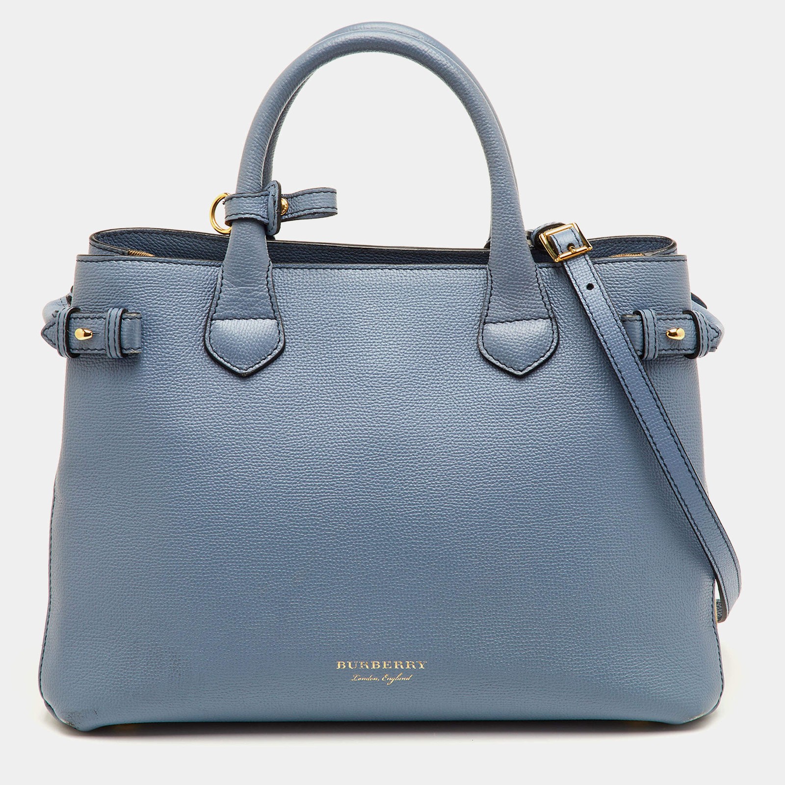 Burberry Banner Medium BlueBeige Leather and House Check Canvas Tote