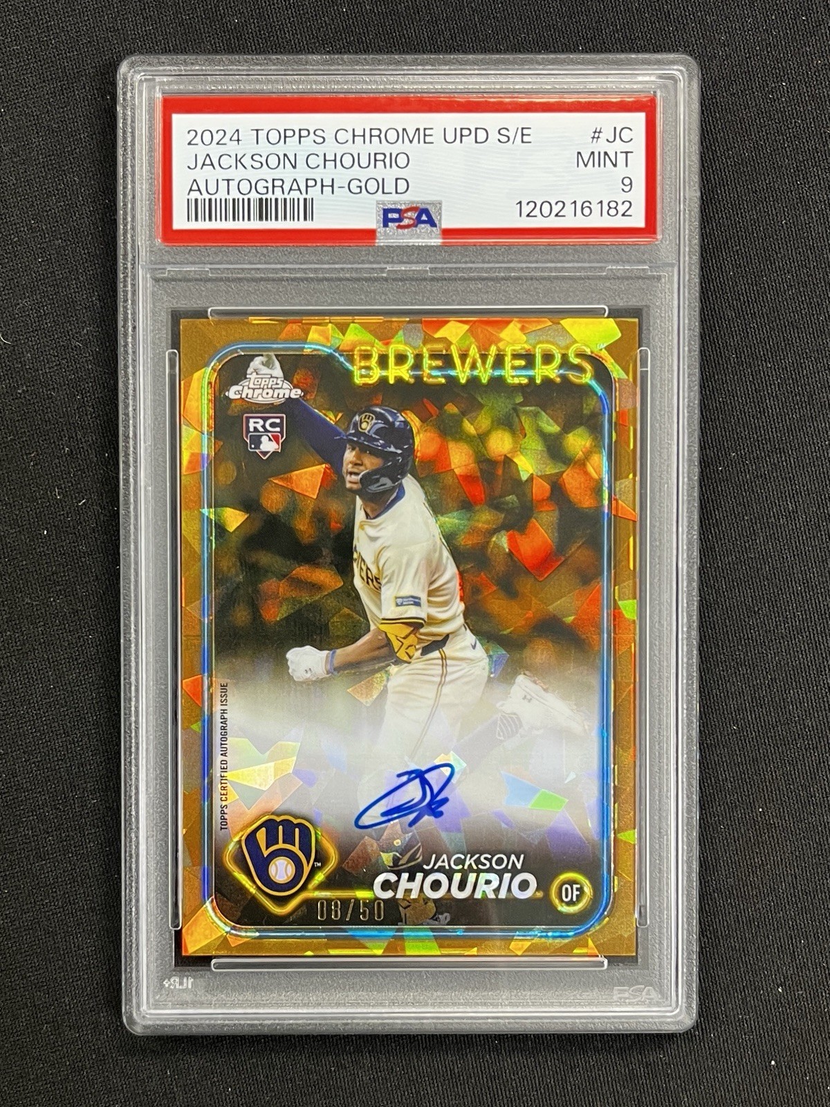 2024 Topps Chrome Update Sapphire Jackson Chourio Gold Refractor Auto /50 PSA 9
