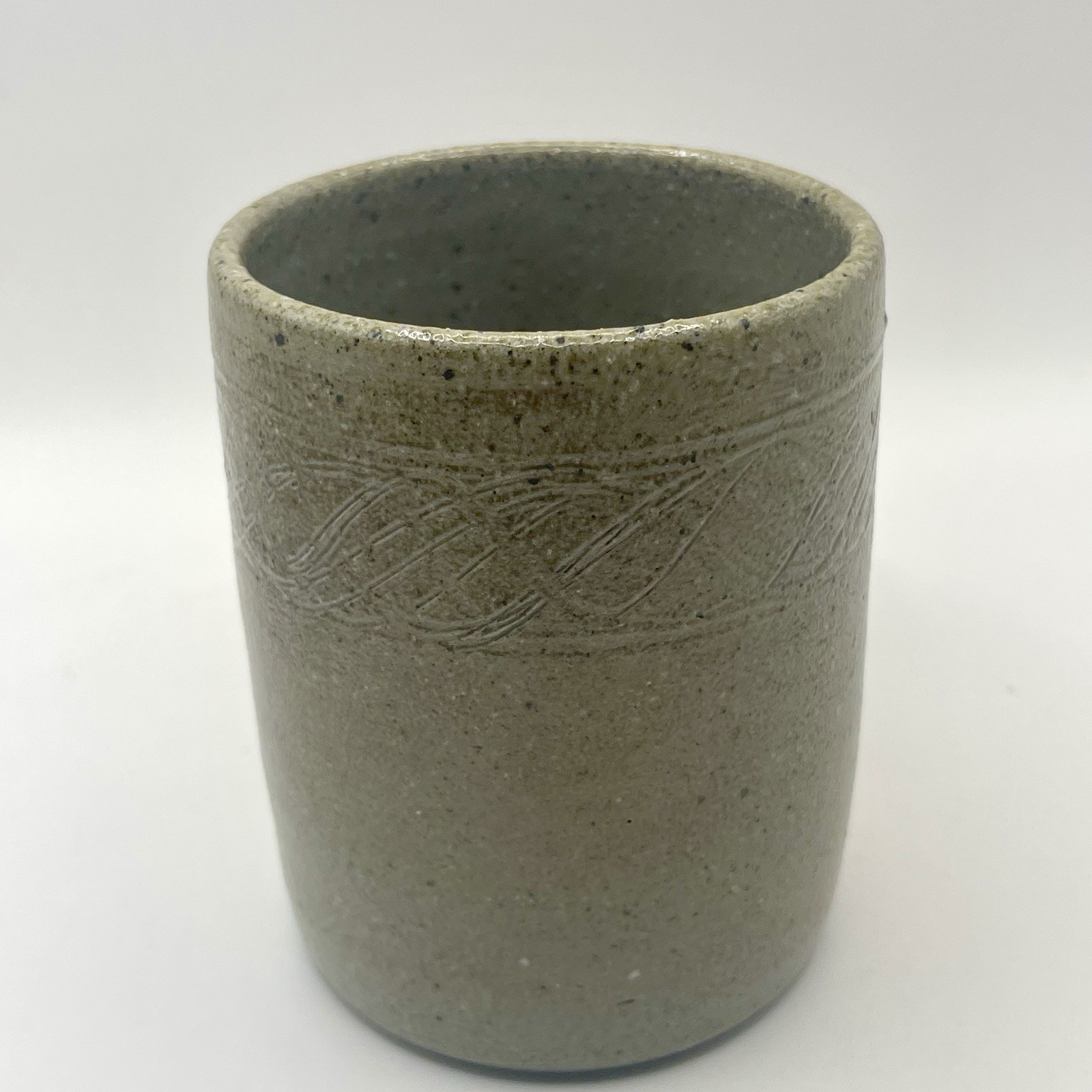 Vintage Jugtown  Ware Salt Glazed Pottery Mug with Blue Flower-Stamped Dated '77