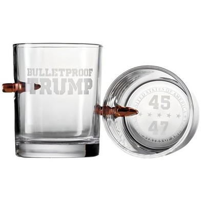 Trump Whiskey Glass with Embedded Bullet, Laser Engraved, Gift for Conservatives