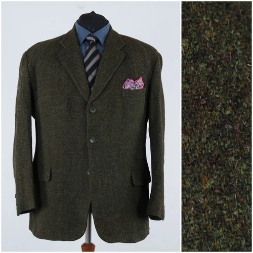 Mens HARRIS TWEED Jacket 50R US Size PACO RABANNE Green Wool Sport Coat Blazer