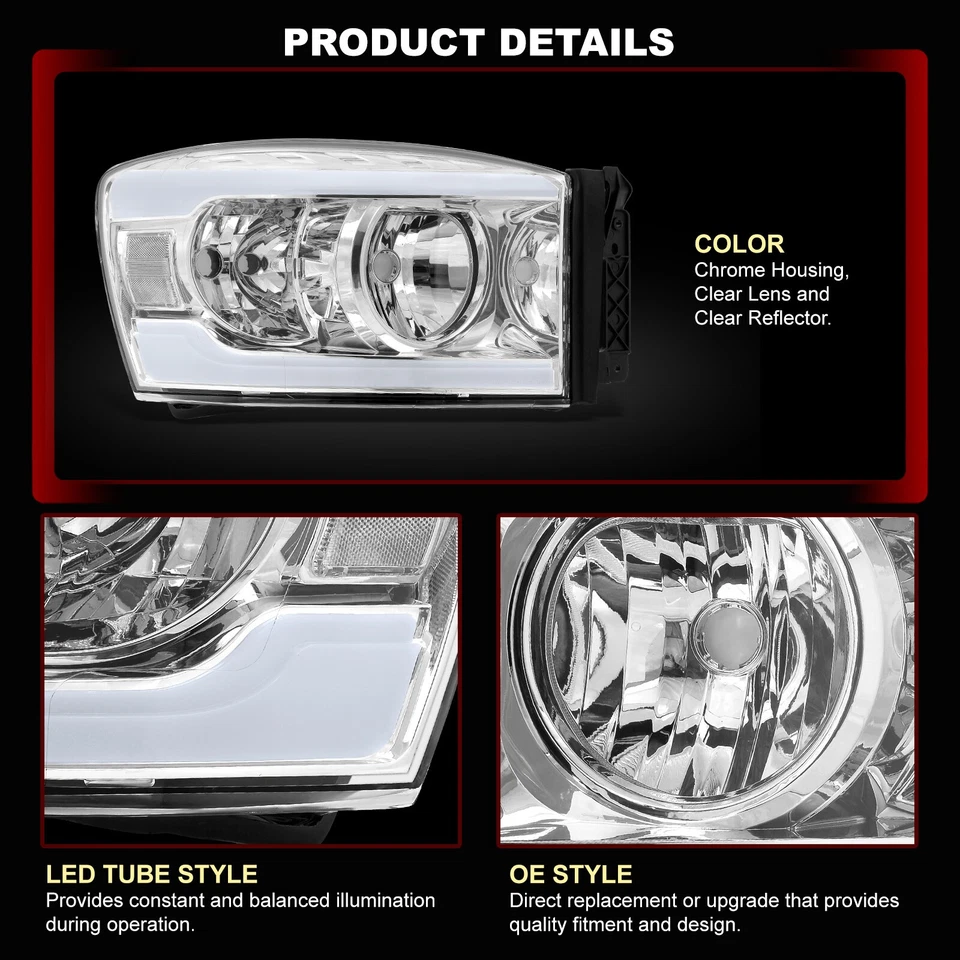 For 2006-2008 Ram 1500 LED DRL Head Lamp Light Upgrade Left+Right Chrome Housing Foto 4 de 4