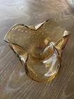 VTG Murano Glass Ashtray Bowl Bullicante Controlled Bubbles Folded Amber / Green