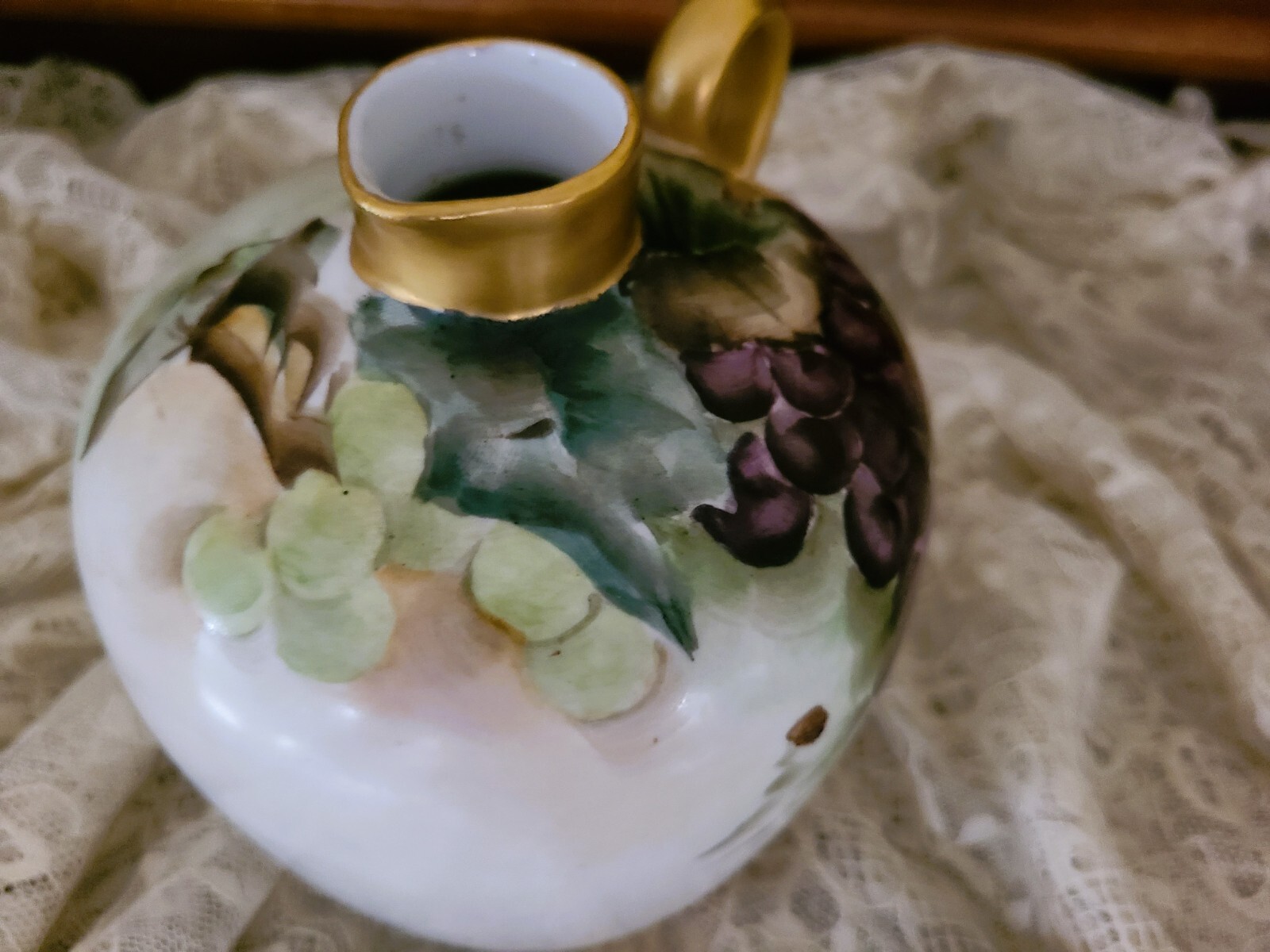 Antique Wine Decanter & Cups PH Leonard, Porcelain Hand Painted Grapes